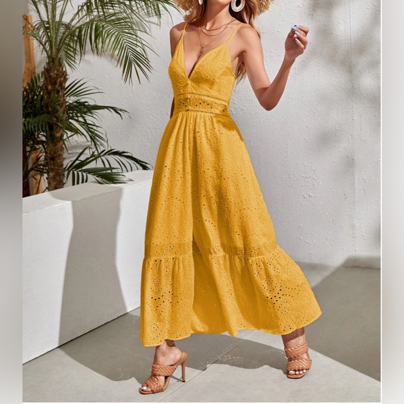 Yellow Eyelet Embroidery Ruffle Hem Dress - Picture 2 of 5